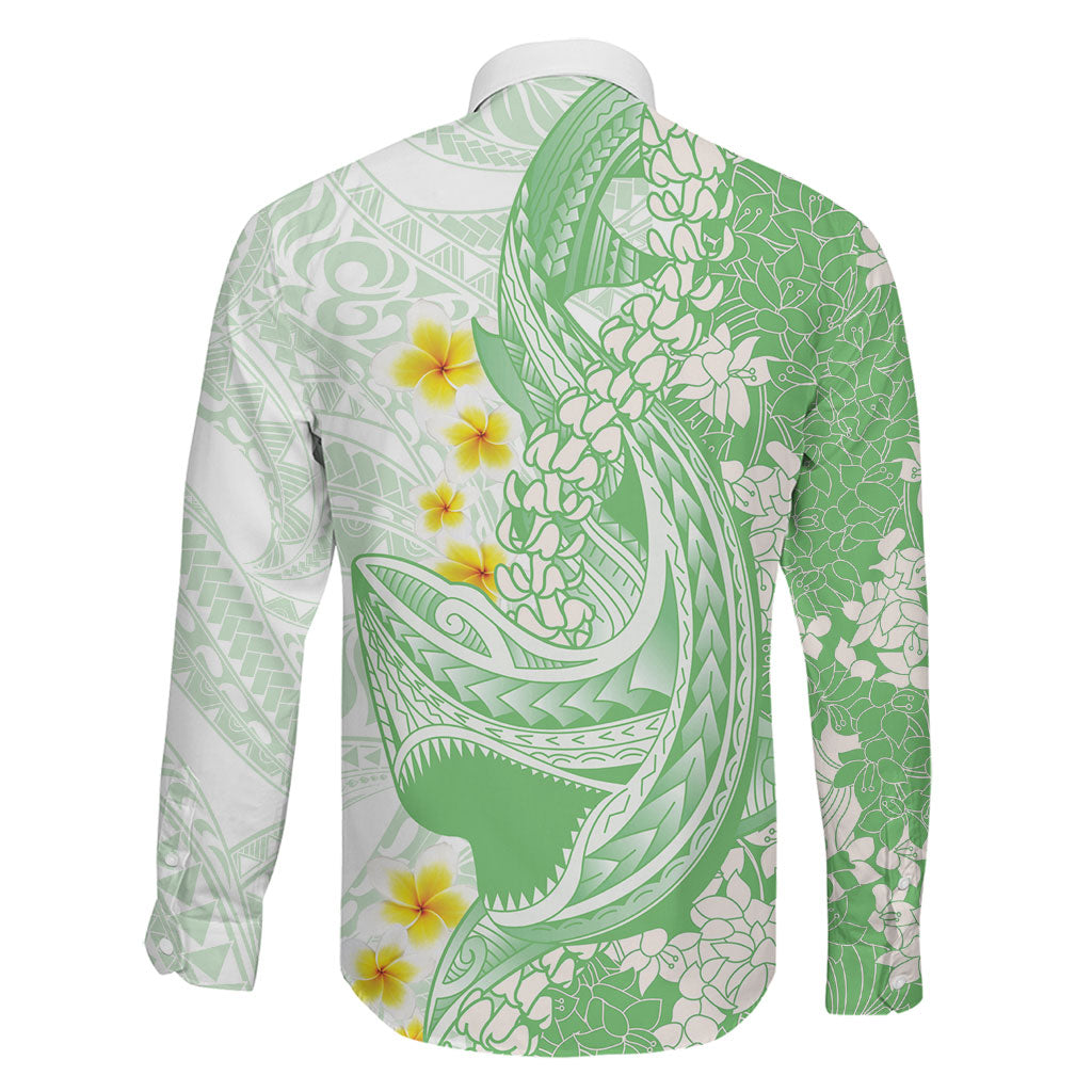 Green Hawaii Shark Tattoo Family Matching Off Shoulder Short Dress and Hawaiian Shirt Puakenikeni Lei Plumeria Polynesian Pattern LT14 - Polynesian Pride