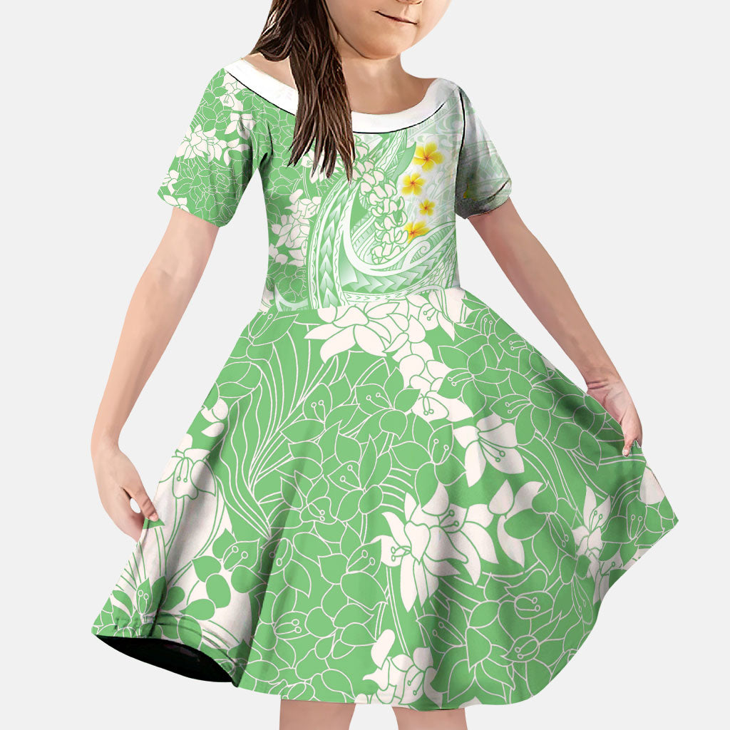 Green Hawaii Shark Tattoo Family Matching Summer Maxi Dress and Hawaiian Shirt Puakenikeni Lei Plumeria Polynesian Pattern LT14 Daughter's Dress Green - Polynesian Pride