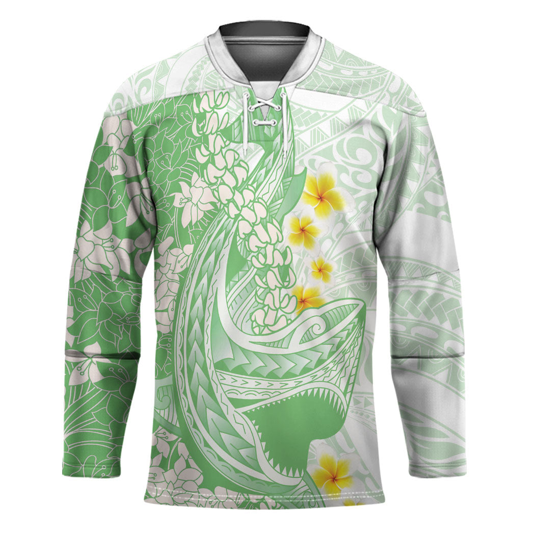 Green Hawaii Shark Tattoo Hockey Jersey Puakenikeni Lei Plumeria Polynesian Pattern