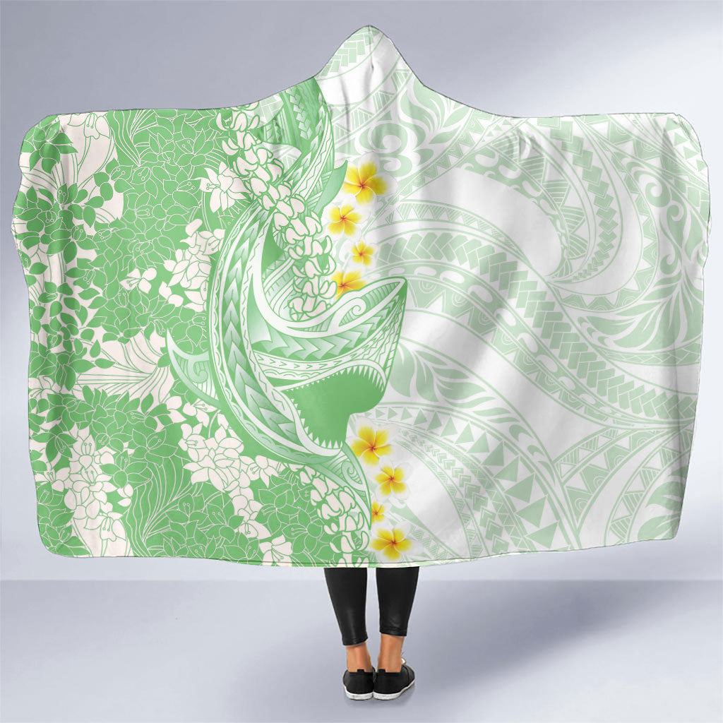 Green Hawaii Shark Tattoo Hooded Blanket Puakenikeni Lei Plumeria Polynesian Pattern