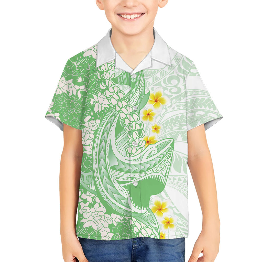 Green Hawaii Shark Tattoo Kid Hawaiian Shirt Puakenikeni Lei Plumeria Polynesian Pattern