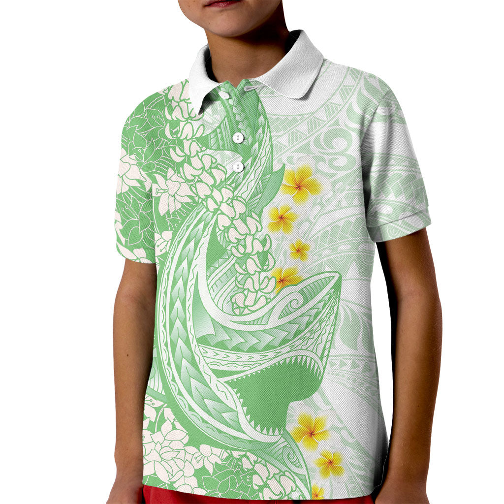 Green Hawaii Shark Tattoo Kid Polo Shirt Puakenikeni Lei Plumeria Polynesian Pattern