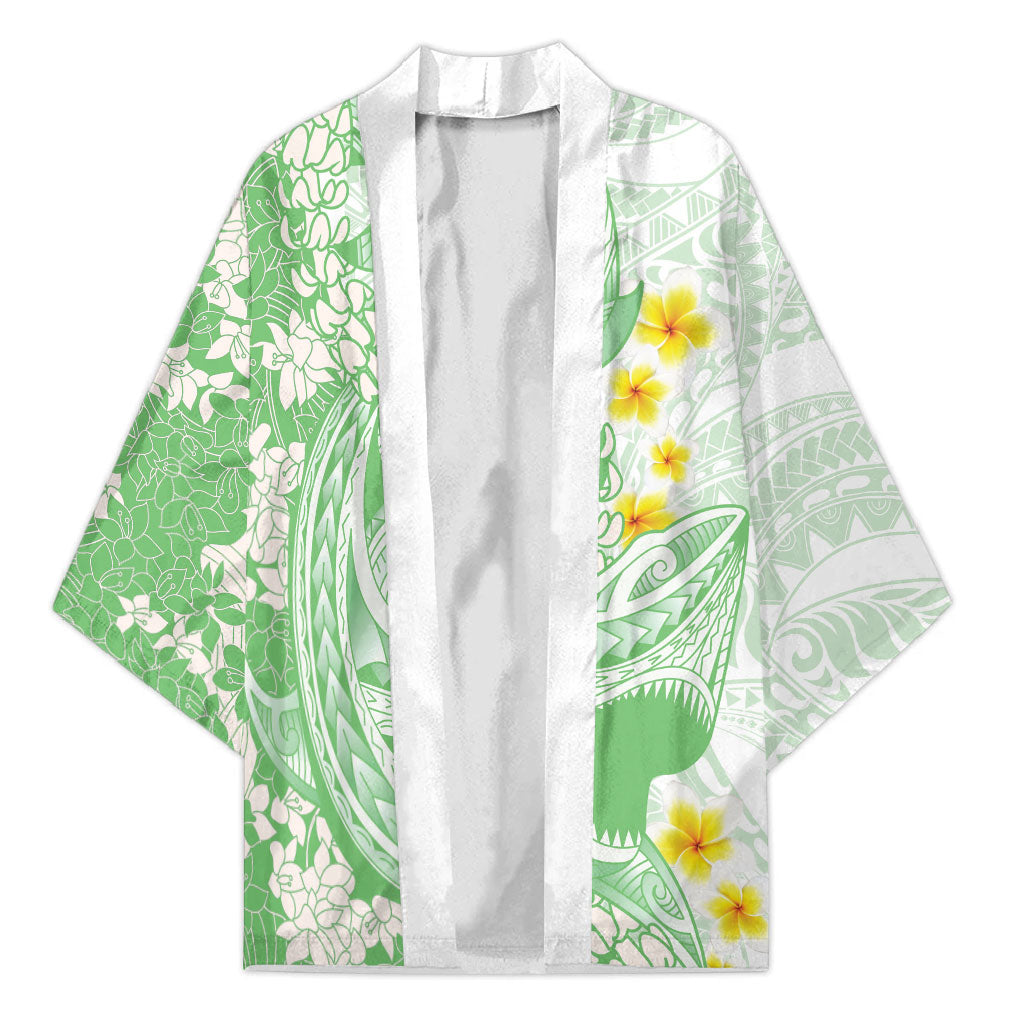 Green Hawaii Shark Tattoo Kimono Puakenikeni Lei Plumeria Polynesian Pattern LT14 Unisex Green - Polynesian Pride
