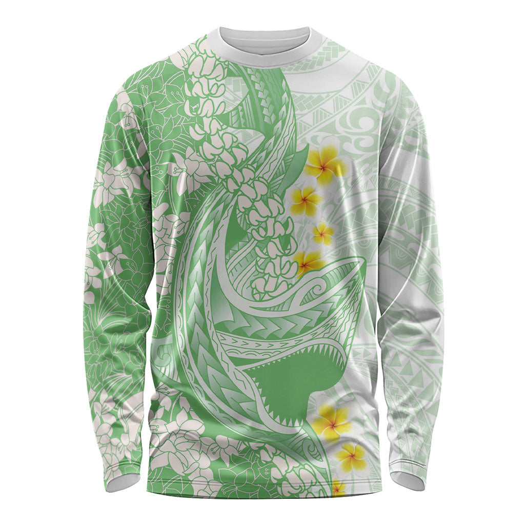 Green Hawaii Shark Tattoo Long Sleeve Shirt Puakenikeni Lei Plumeria Polynesian Pattern LT14 Unisex Green - Polynesian Pride