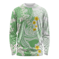 Green Hawaii Shark Tattoo Long Sleeve Shirt Puakenikeni Lei Plumeria Polynesian Pattern LT14 Unisex Green - Polynesian Pride