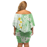 Green Hawaii Shark Tattoo Off Shoulder Short Dress Puakenikeni Lei Plumeria Polynesian Pattern LT14 - Polynesian Pride
