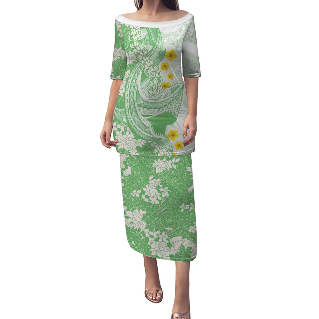 Green Hawaii Shark Tattoo Puletasi Puakenikeni Lei Plumeria Polynesian Pattern LT14 Long Dress Green - Polynesian Pride