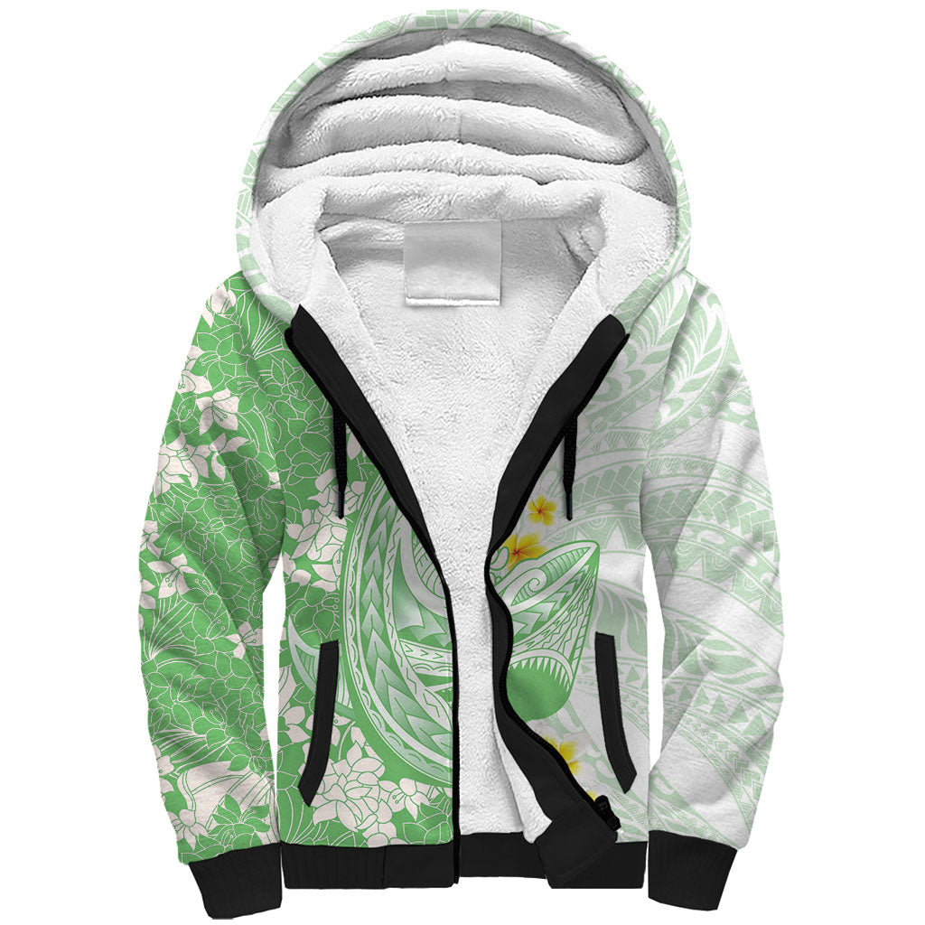 Green Hawaii Shark Tattoo Sherpa Hoodie Puakenikeni Lei Plumeria Polynesian Pattern
