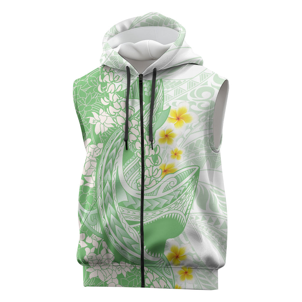 Green Hawaii Shark Tattoo Sleeveless Zip Hoodie Puakenikeni Lei Plumeria Polynesian Pattern LT14 Green - Polynesian Pride