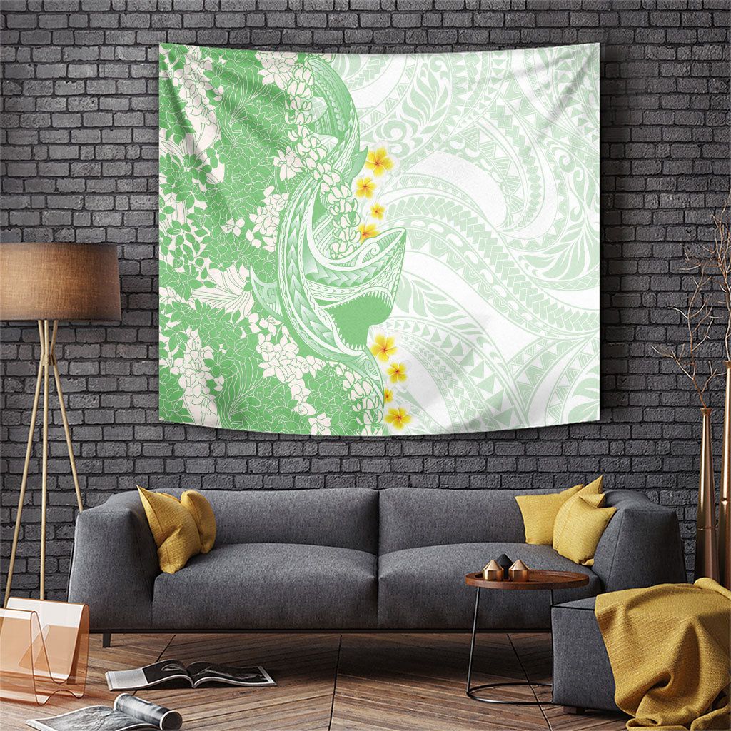 Green Hawaii Shark Tattoo Tapestry Puakenikeni Lei Plumeria Polynesian Pattern