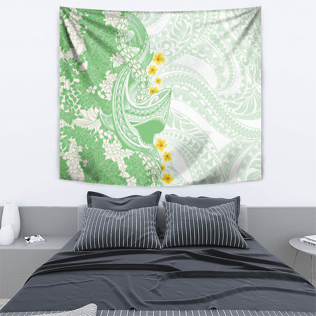 Green Hawaii Shark Tattoo Tapestry Puakenikeni Lei Plumeria Polynesian Pattern