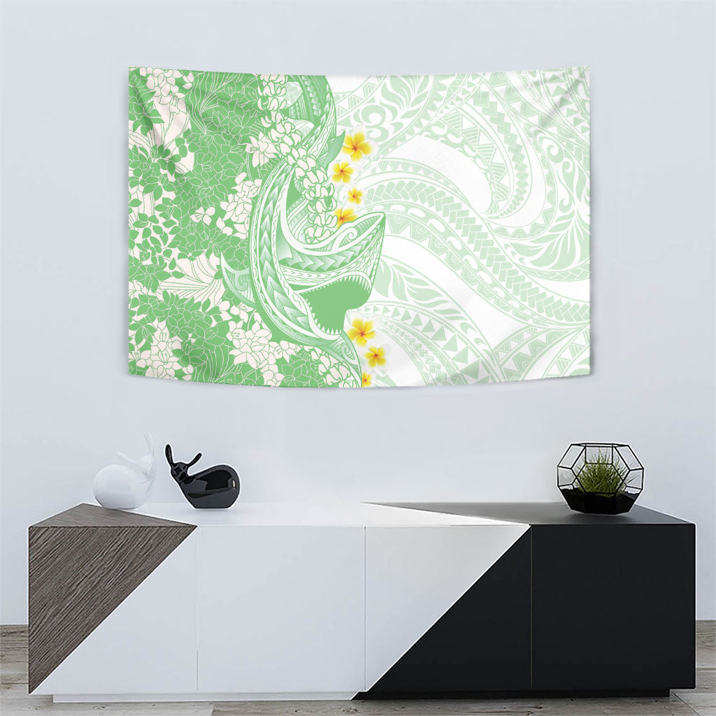 Green Hawaii Shark Tattoo Tapestry Puakenikeni Lei Plumeria Polynesian Pattern