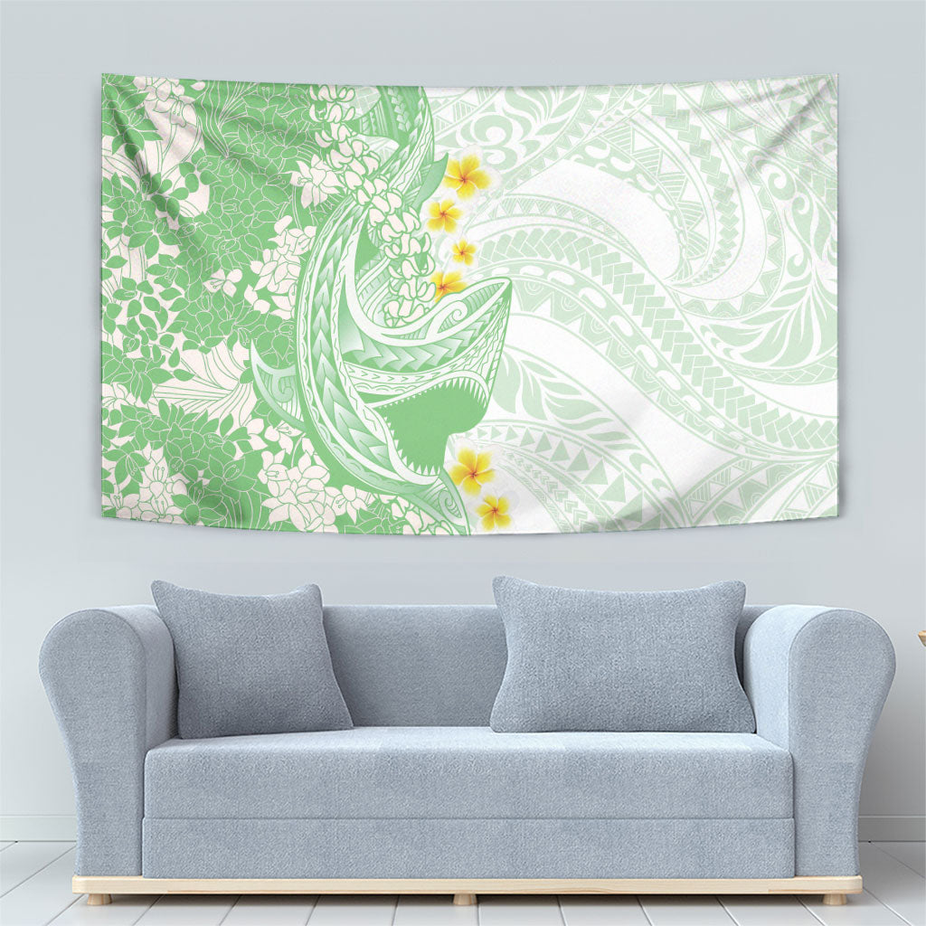 Green Hawaii Shark Tattoo Tapestry Puakenikeni Lei Plumeria Polynesian Pattern