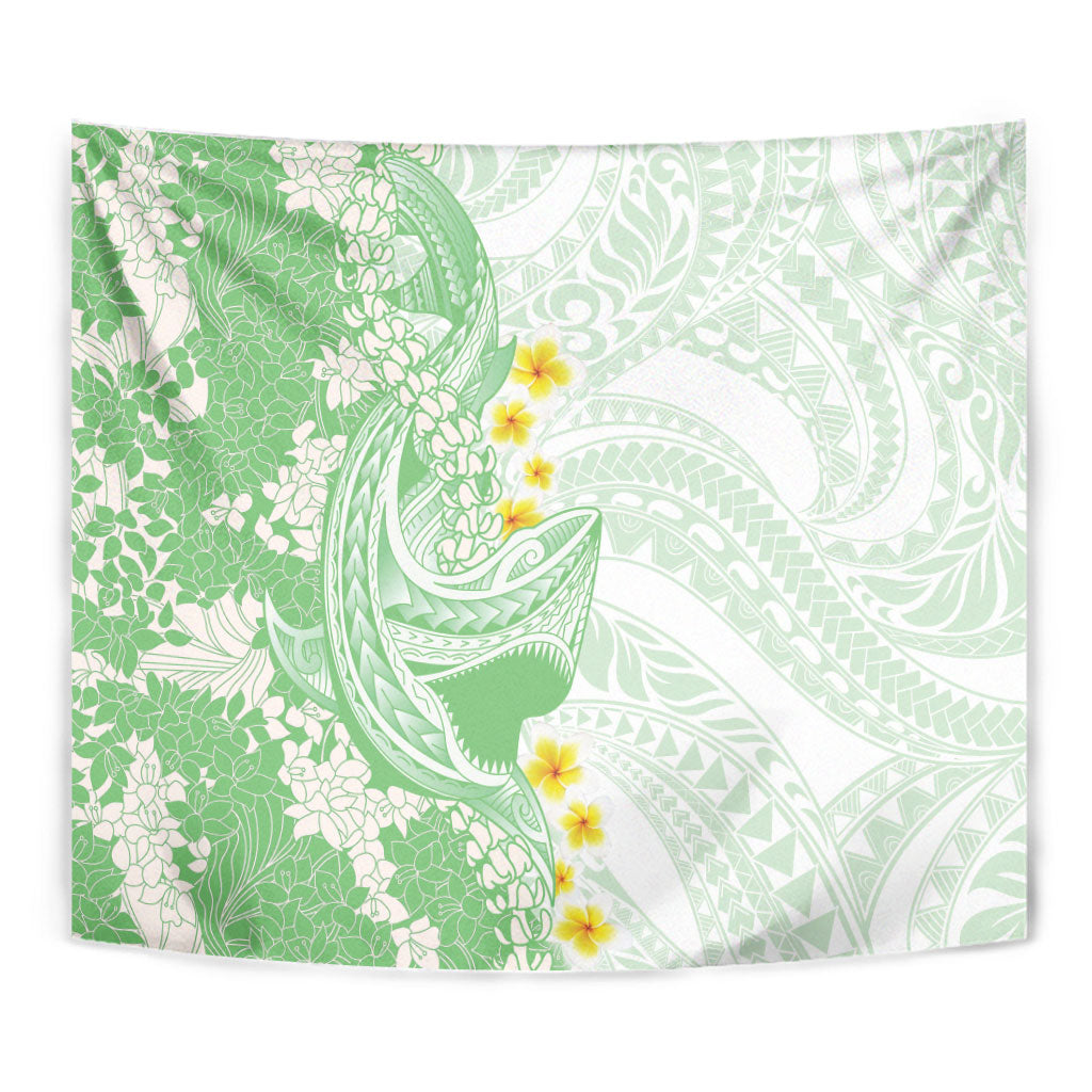 Green Hawaii Shark Tattoo Tapestry Puakenikeni Lei Plumeria Polynesian Pattern