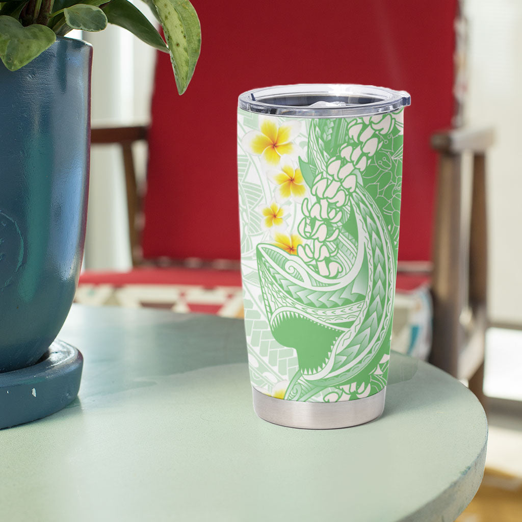Green Hawaii Shark Tattoo Tumbler Cup Puakenikeni Lei Plumeria Polynesian Pattern LT14 - Polynesian Pride