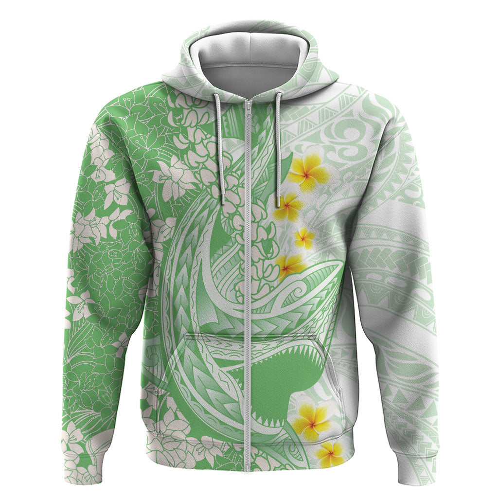 Green Hawaii Shark Tattoo Zip Hoodie Puakenikeni Lei Plumeria Polynesian Pattern LT14 Zip Hoodie Green - Polynesian Pride