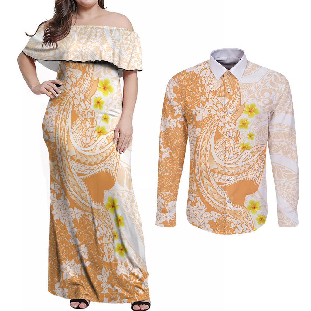 Orange Hawaii Shark Tattoo Couples Matching Off Shoulder Maxi Dress and Long Sleeve Button Shirt Puakenikeni Lei Plumeria Polynesian Pattern LT14 Orange - Polynesian Pride