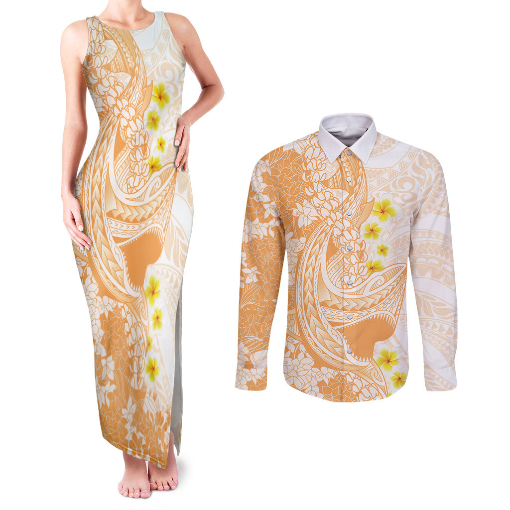Orange Hawaii Shark Tattoo Couples Matching Tank Maxi Dress and Long Sleeve Button Shirt Puakenikeni Lei Plumeria Polynesian Pattern LT14 Orange - Polynesian Pride
