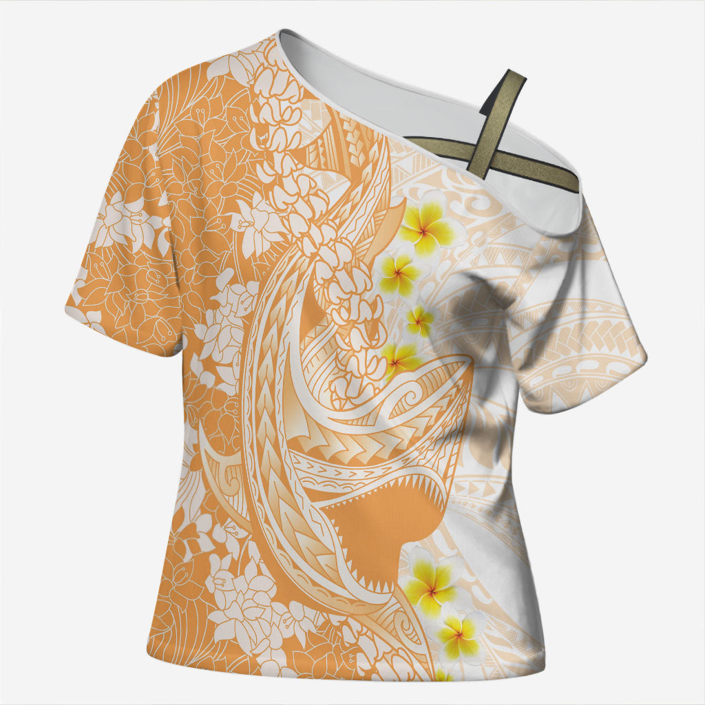 Orange Hawaii Shark Tattoo Cross Shoulder Shirt Puakenikeni Lei Plumeria Polynesian Pattern LT14 Female Orange - Polynesian Pride