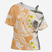 Orange Hawaii Shark Tattoo Cross Shoulder Shirt Puakenikeni Lei Plumeria Polynesian Pattern LT14 Female Orange - Polynesian Pride
