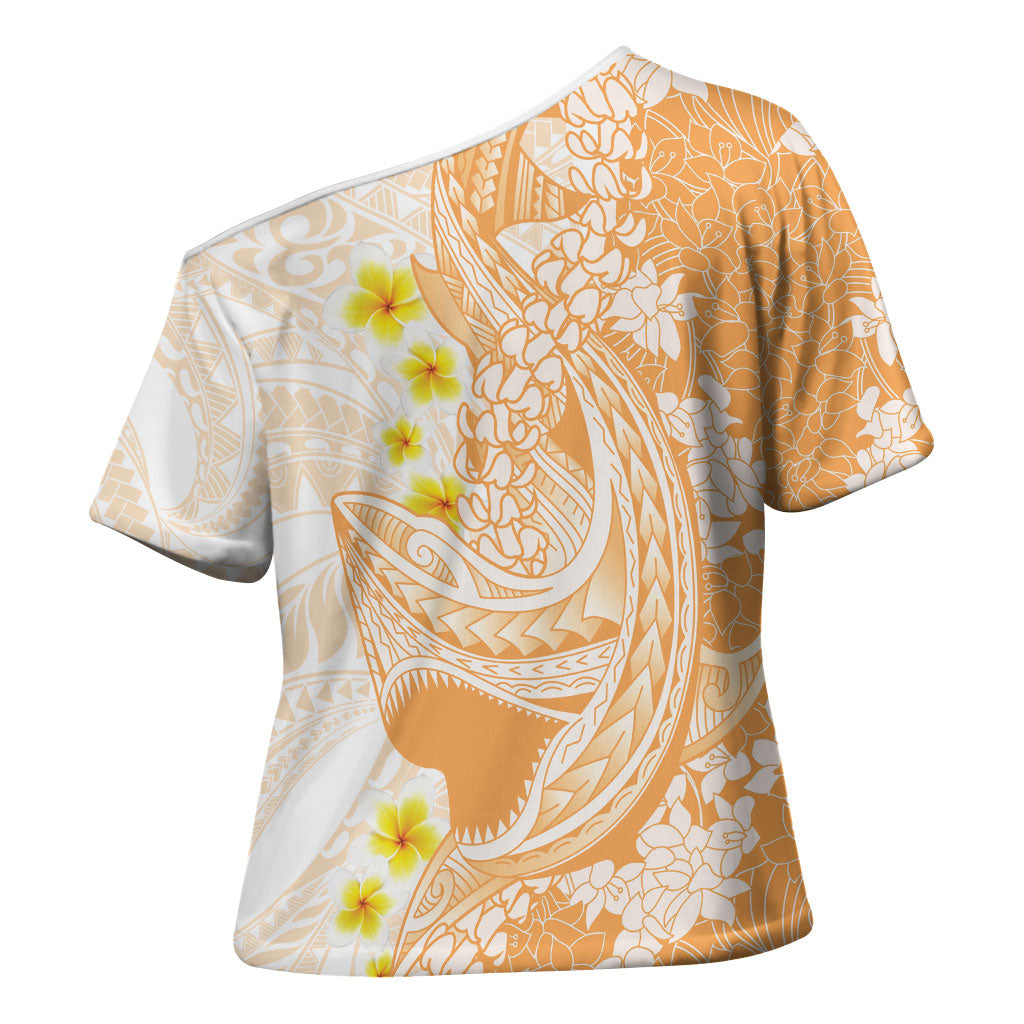 Orange Hawaii Shark Tattoo Cross Shoulder Shirt Puakenikeni Lei Plumeria Polynesian Pattern LT14 - Polynesian Pride