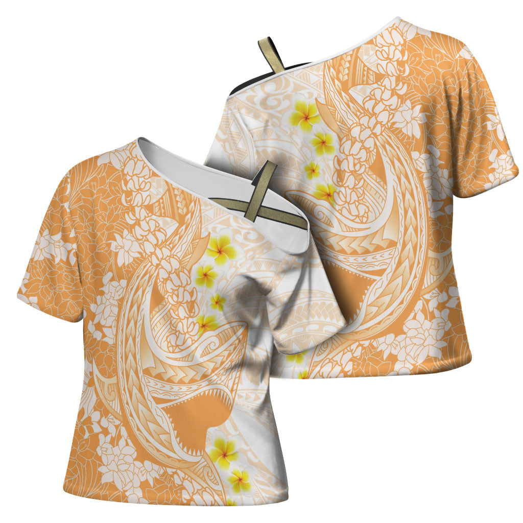 Orange Hawaii Shark Tattoo Cross Shoulder Shirt Puakenikeni Lei Plumeria Polynesian Pattern LT14 - Polynesian Pride