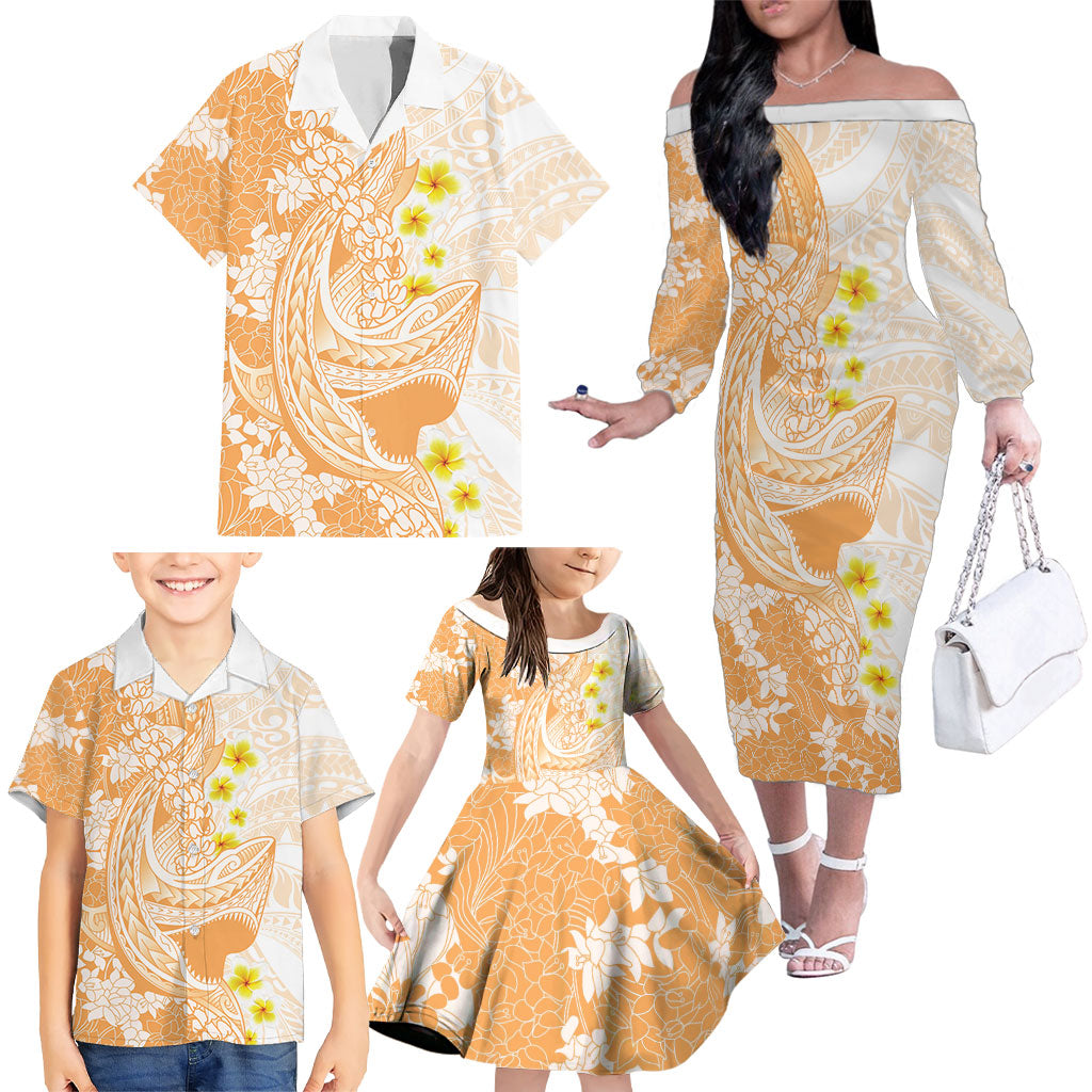 Orange Hawaii Shark Tattoo Family Matching Off The Shoulder Long Sleeve Dress and Hawaiian Shirt Puakenikeni Lei Plumeria Polynesian Pattern