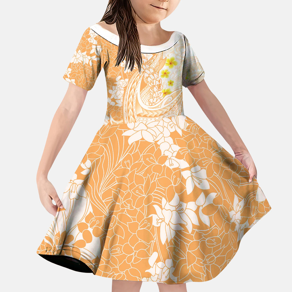 Orange Hawaii Shark Tattoo Family Matching Off Shoulder Maxi Dress and Hawaiian Shirt Puakenikeni Lei Plumeria Polynesian Pattern LT14 Daughter's Dress Orange - Polynesian Pride