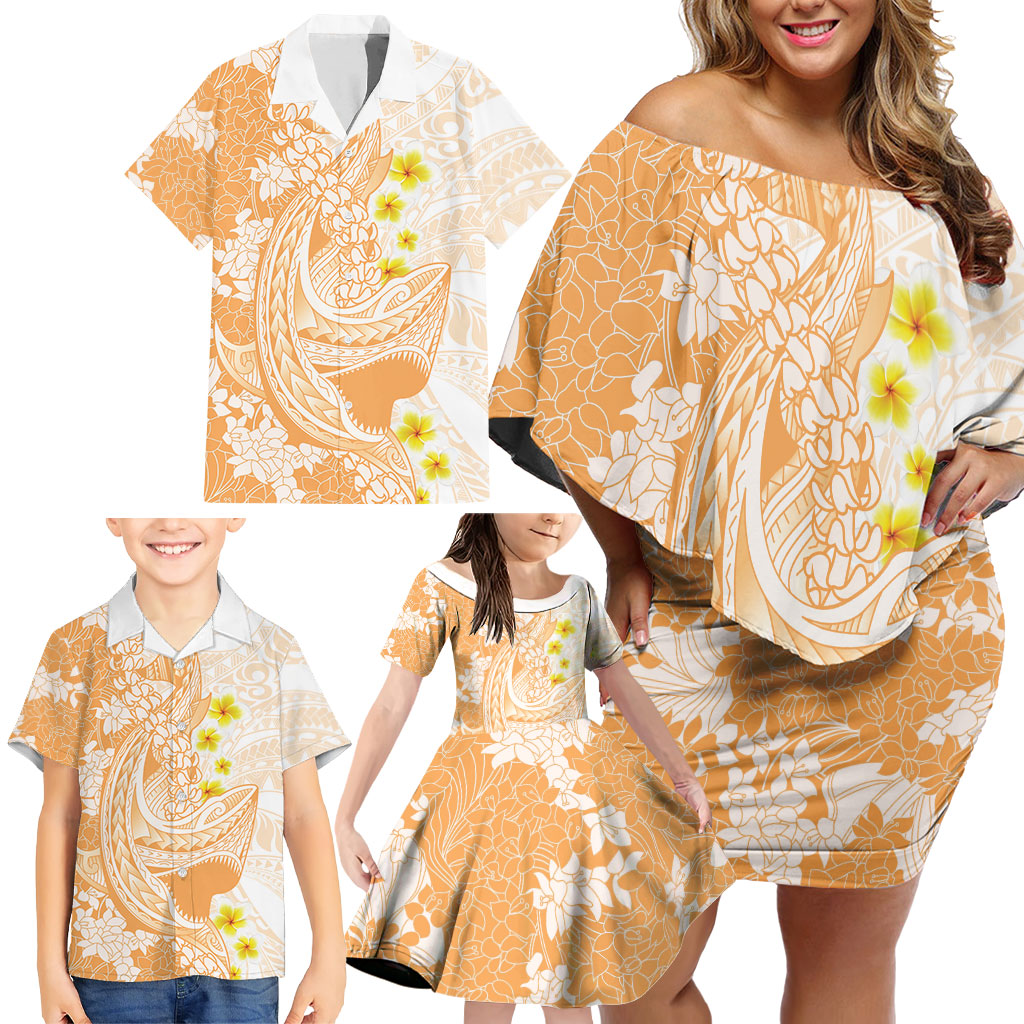 Orange Hawaii Shark Tattoo Family Matching Off Shoulder Short Dress and Hawaiian Shirt Puakenikeni Lei Plumeria Polynesian Pattern