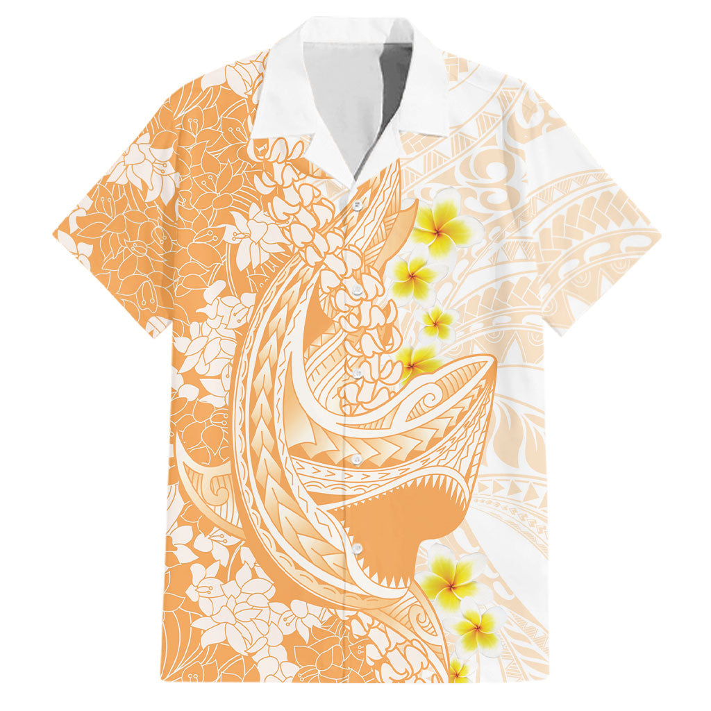 Orange Hawaii Shark Tattoo Family Matching Off Shoulder Short Dress and Hawaiian Shirt Puakenikeni Lei Plumeria Polynesian Pattern LT14 Dad's Shirt - Short Sleeve Orange - Polynesian Pride