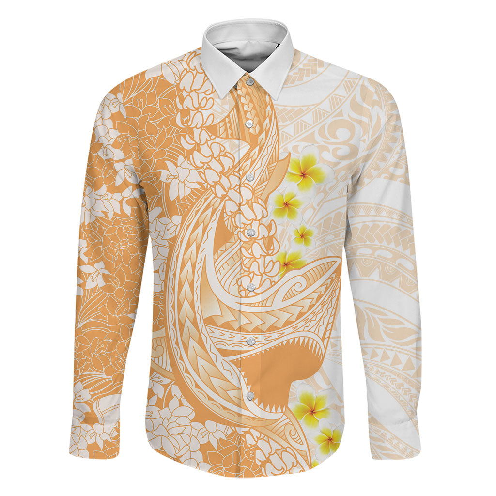 Orange Hawaii Shark Tattoo Family Matching Summer Maxi Dress and Hawaiian Shirt Puakenikeni Lei Plumeria Polynesian Pattern LT14 Dad's Shirt - Long Sleeve Orange - Polynesian Pride