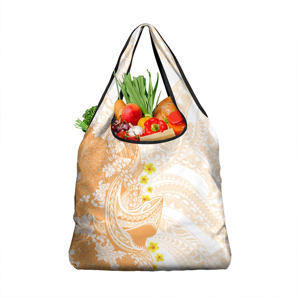 Orange Hawaii Shark Tattoo Grocery Bag Puakenikeni Lei Plumeria Polynesian Pattern