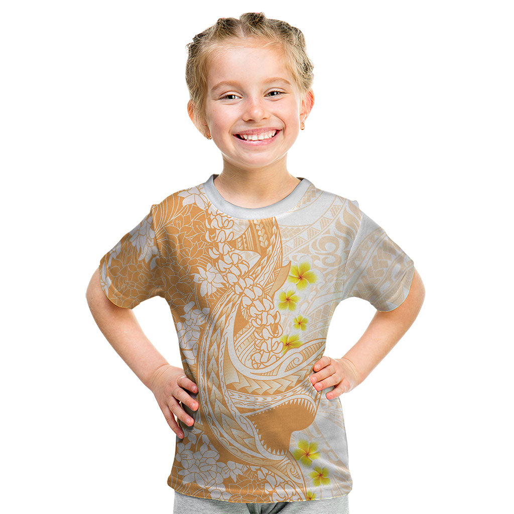 Orange Hawaii Shark Tattoo Kid T Shirt Puakenikeni Lei Plumeria Polynesian Pattern