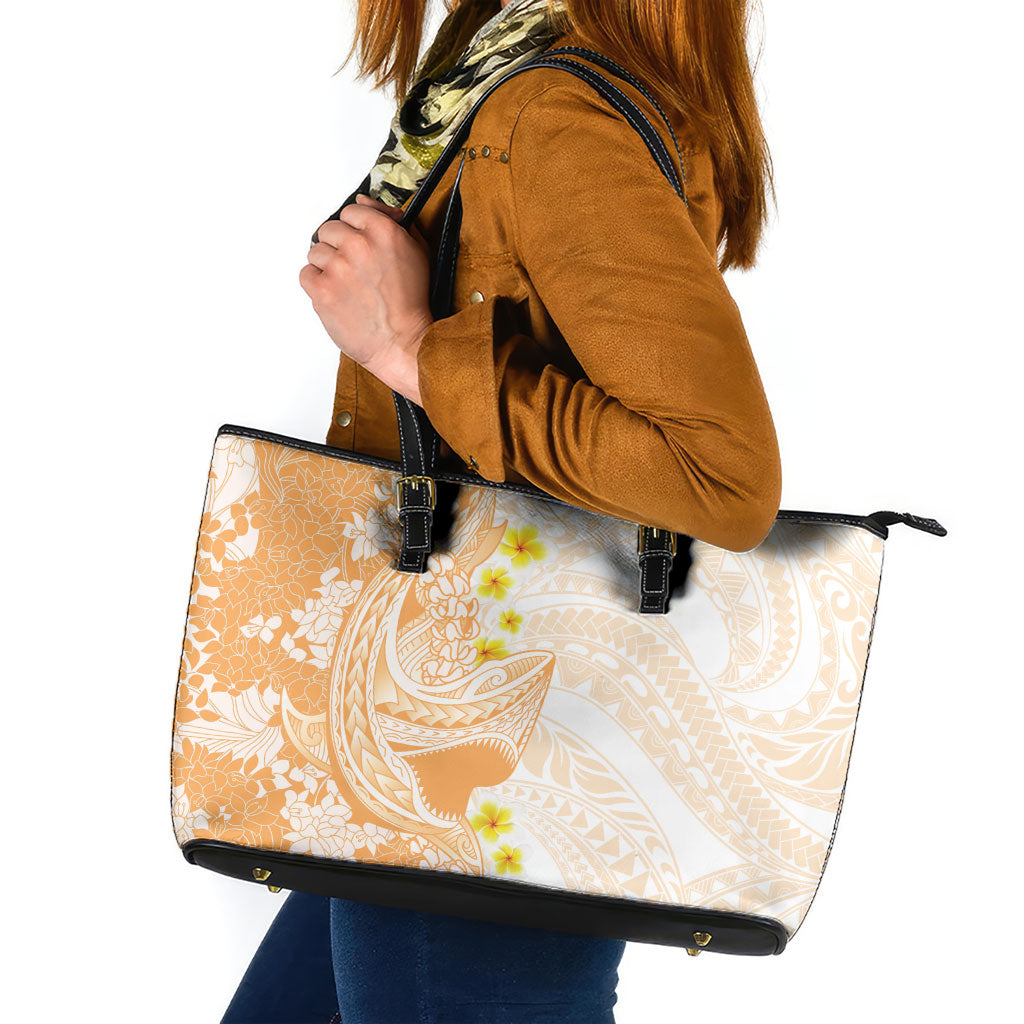 Orange Hawaii Shark Tattoo Leather Tote Bag Puakenikeni Lei Plumeria Polynesian Pattern LT14 Orange - Polynesian Pride