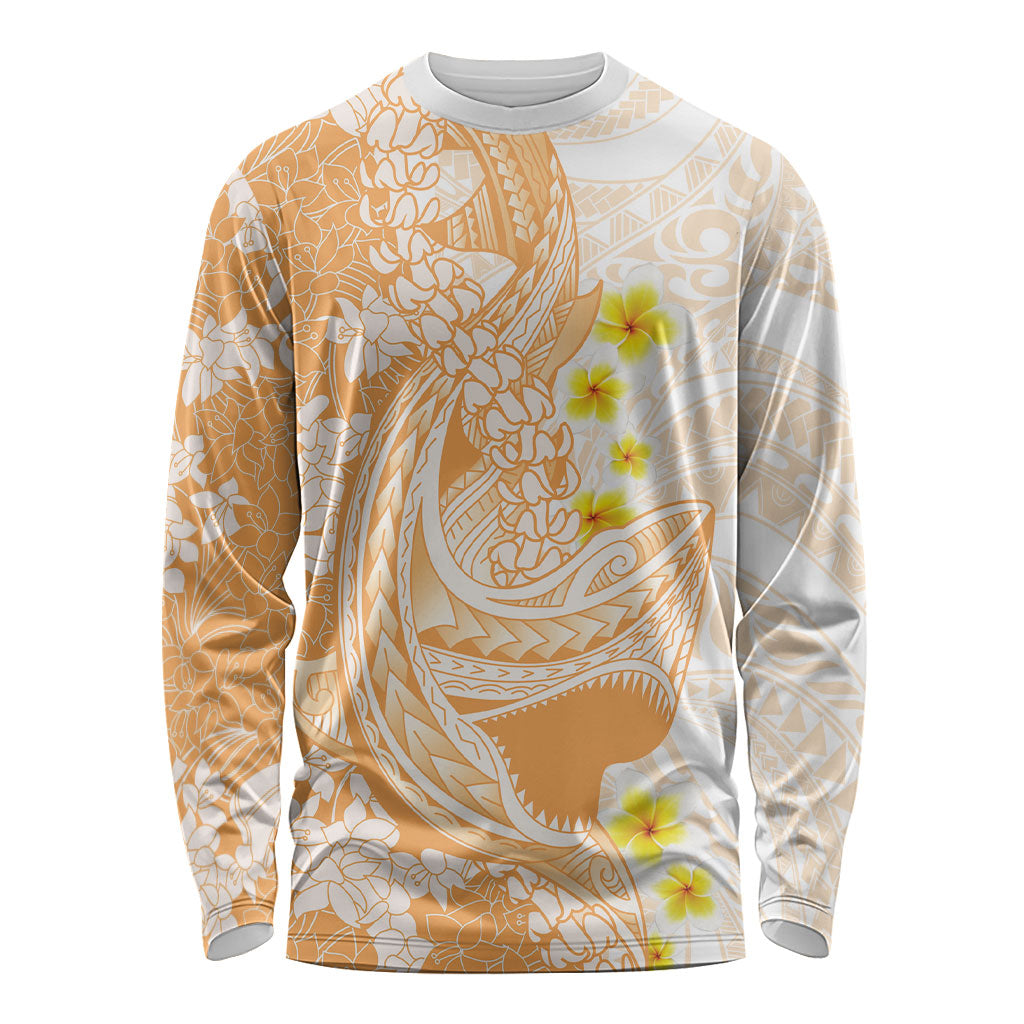 Orange Hawaii Shark Tattoo Long Sleeve Shirt Puakenikeni Lei Plumeria Polynesian Pattern LT14 Unisex Orange - Polynesian Pride