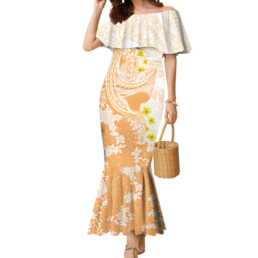 Orange Hawaii Shark Tattoo Mermaid Dress Puakenikeni Lei Plumeria Polynesian Pattern LT14 Women Orange - Polynesian Pride
