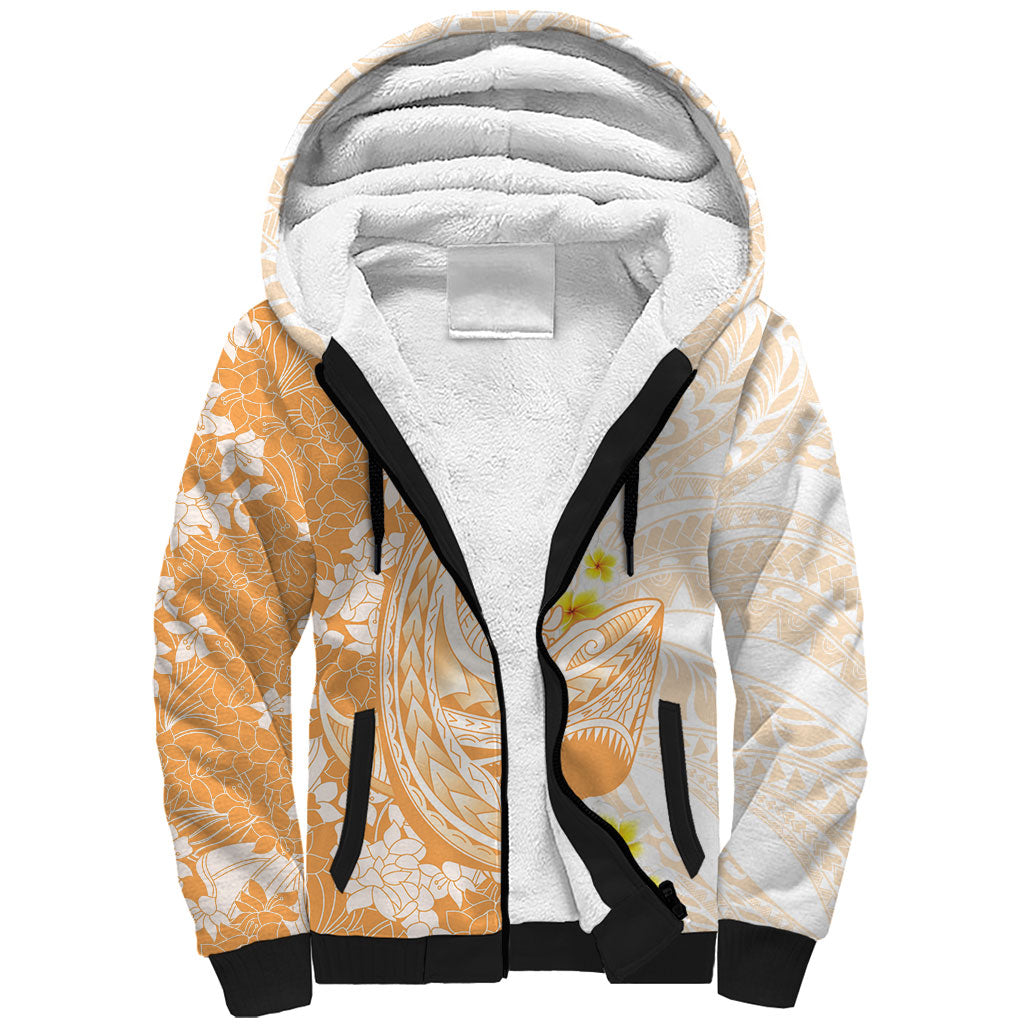 Orange Hawaii Shark Tattoo Sherpa Hoodie Puakenikeni Lei Plumeria Polynesian Pattern