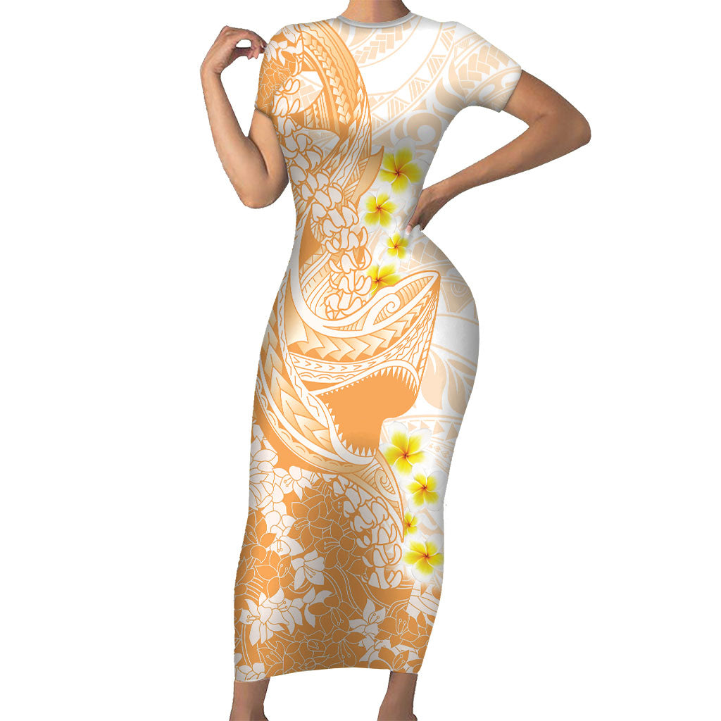 Orange Hawaii Shark Tattoo Short Sleeve Bodycon Dress Puakenikeni Lei Plumeria Polynesian Pattern LT14 Long Dress Orange - Polynesian Pride
