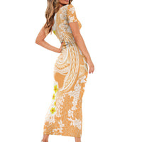 Orange Hawaii Shark Tattoo Short Sleeve Bodycon Dress Puakenikeni Lei Plumeria Polynesian Pattern LT14 - Polynesian Pride