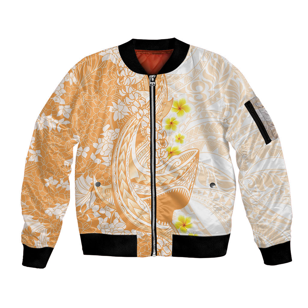 Orange Hawaii Shark Tattoo Sleeve Zip Bomber Jacket Puakenikeni Lei Plumeria Polynesian Pattern LT14 Unisex Orange - Polynesian Pride