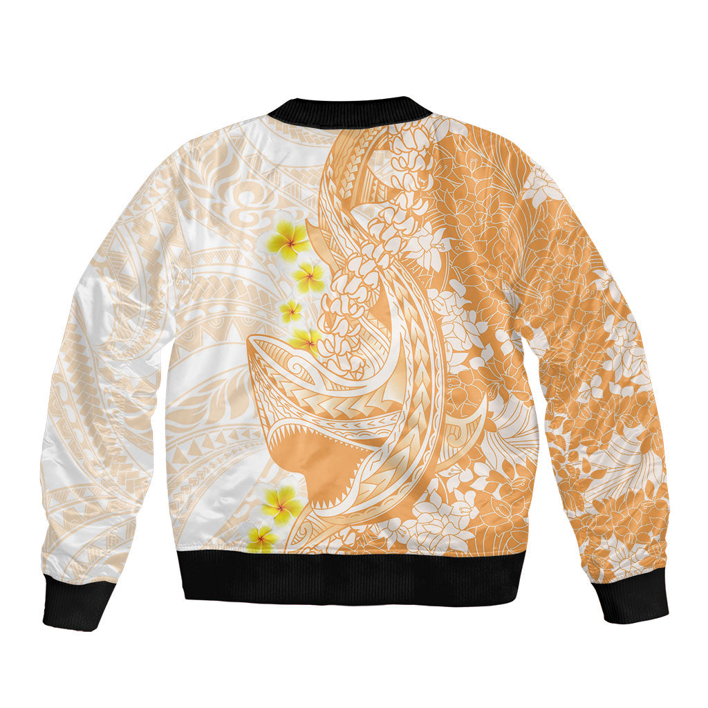 Orange Hawaii Shark Tattoo Sleeve Zip Bomber Jacket Puakenikeni Lei Plumeria Polynesian Pattern LT14 - Polynesian Pride