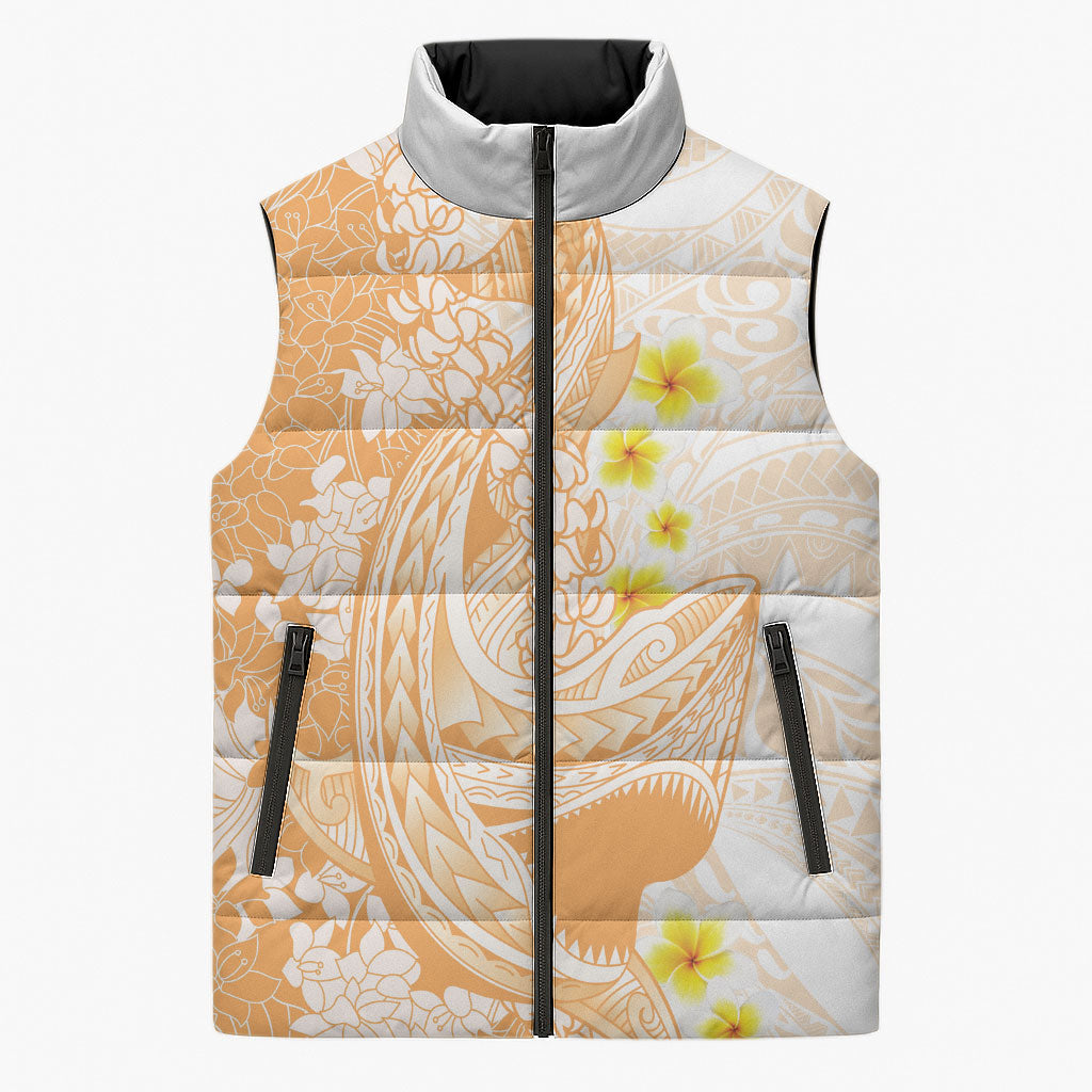 Orange Hawaii Shark Tattoo Sleeveless Puffer Jacket Puakenikeni Lei Plumeria Polynesian Pattern LT14 Unisex Orange - Polynesian Pride