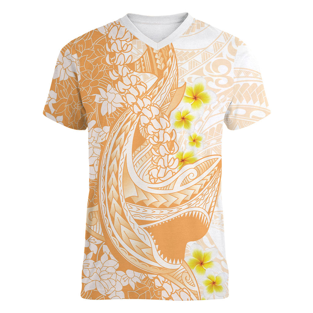 Orange Hawaii Shark Tattoo Women V-Neck T-Shirt Puakenikeni Lei Plumeria Polynesian Pattern