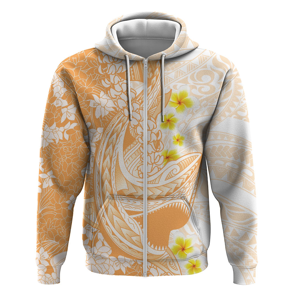 Orange Hawaii Shark Tattoo Zip Hoodie Puakenikeni Lei Plumeria Polynesian Pattern LT14 Zip Hoodie Orange - Polynesian Pride