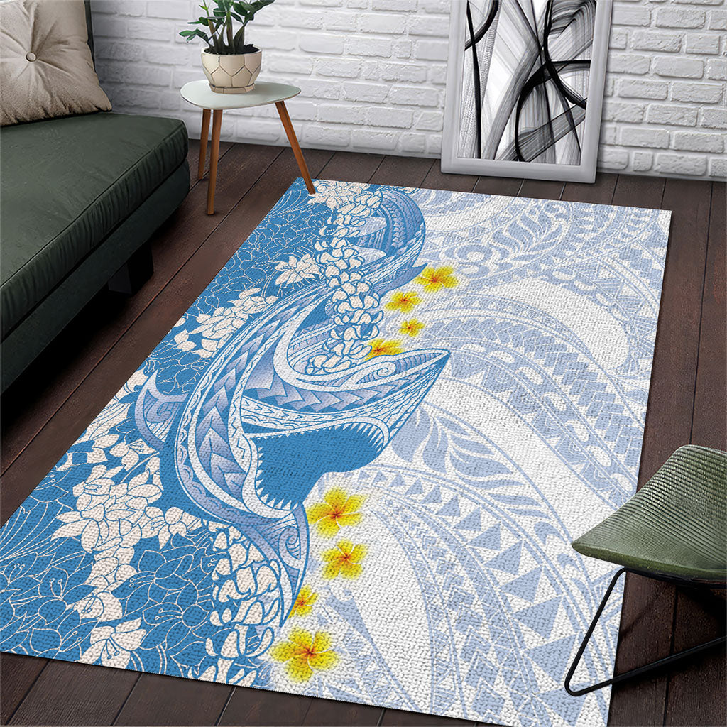 Blue Hawaii Shark Tattoo Area Rug Puakenikeni Lei Plumeria Polynesian Pattern LT14 Blue - Polynesian Pride