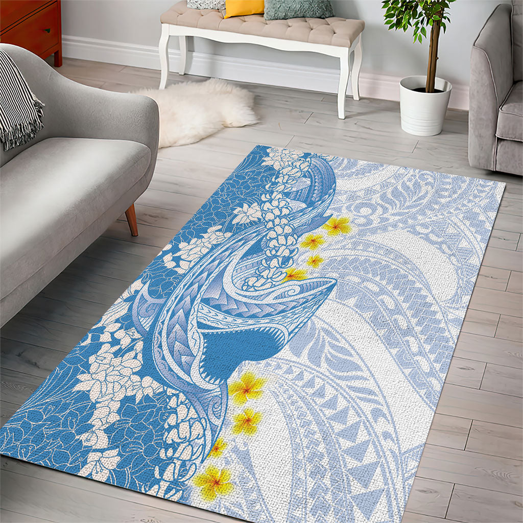 Blue Hawaii Shark Tattoo Area Rug Puakenikeni Lei Plumeria Polynesian Pattern LT14 - Polynesian Pride