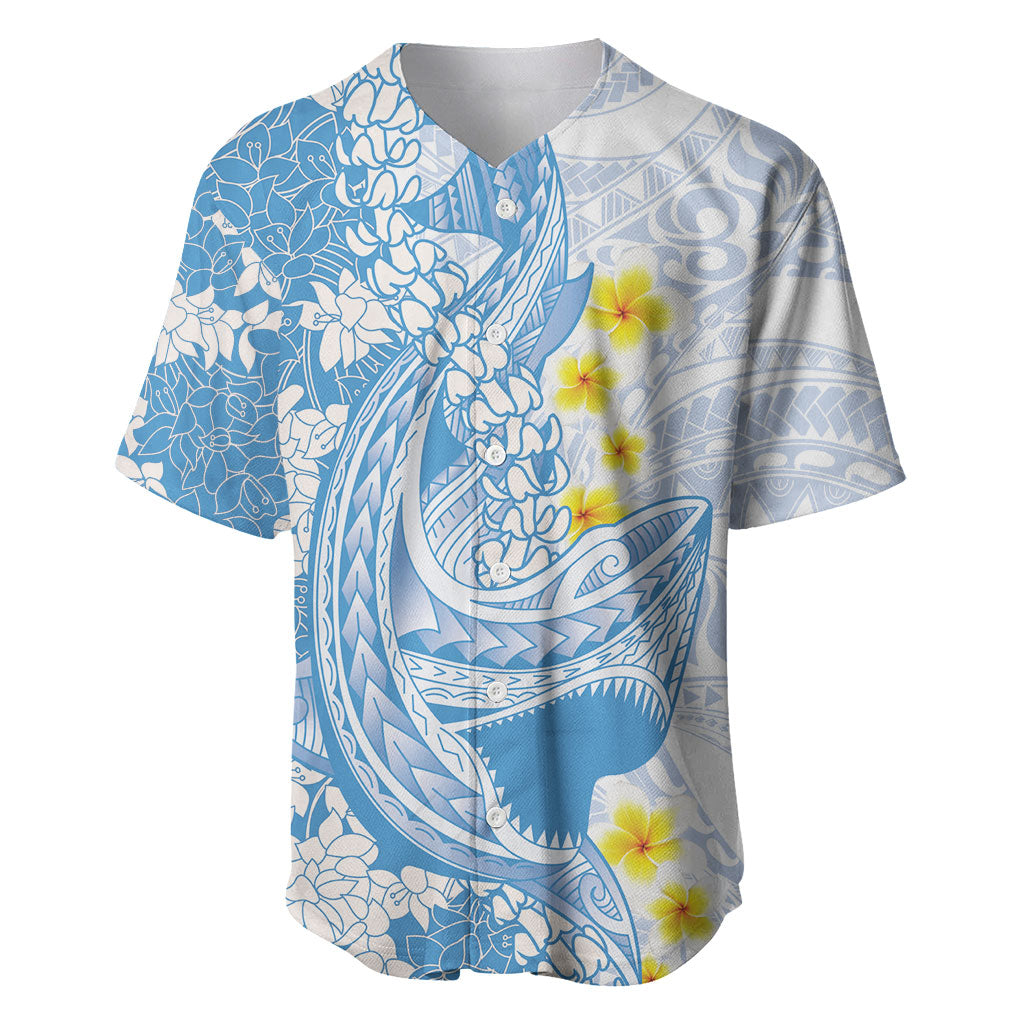 Blue Hawaii Shark Tattoo Baseball Jersey Puakenikeni Lei Plumeria Polynesian Pattern LT14 Blue - Polynesian Pride