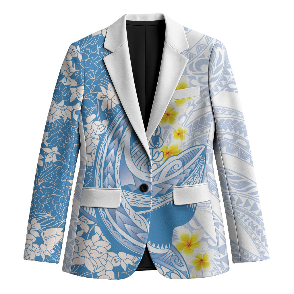 Blue Hawaii Shark Tattoo Blazer Puakenikeni Lei Plumeria Polynesian Pattern LT14 Unisex Blue - Polynesian Pride