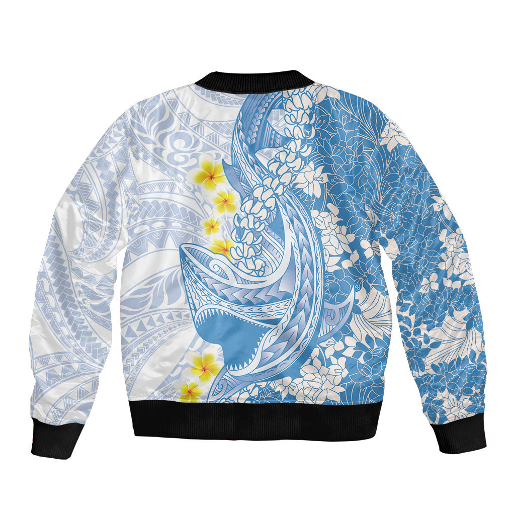 Blue Hawaii Shark Tattoo Bomber Jacket Puakenikeni Lei Plumeria Polynesian Pattern LT14 - Polynesian Pride