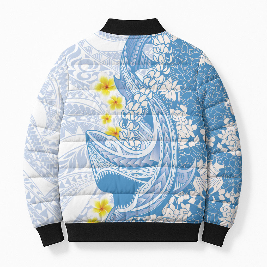 Blue Hawaii Shark Tattoo Bomber Puffer Jacket Puakenikeni Lei Plumeria Polynesian Pattern LT14 - Polynesian Pride